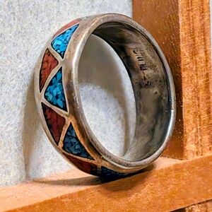 Navajo Sterling Silver Inlaid Turquoise and Coral Chip Ring 5.5? 6?